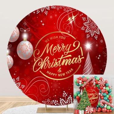 Imagem de Capa de fundo de arco redondo de Natal, 2,2 m, Feliz Natal, floco de neve, vermelho, dourado, purpurina, prata, sinos, foto, círculo, pano de fundo, suporte para crianças, decoração de festa de Natal