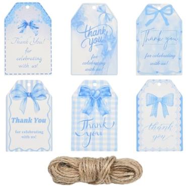 Imagem de SOFPLATE 60 peças, 6 estilos, etiquetas de laço de agradecimento, etiquetas para pendurar em papel com corda de cânhamo, laço azul celeste, coquete, palavras estéticas, presente, kits de etiquetas