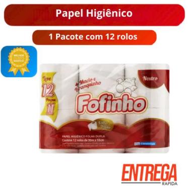 Imagem de Kit 1 Pacote Papel Higiênico Fofinho Folha Dupla Neutro 30m 12 Rolos