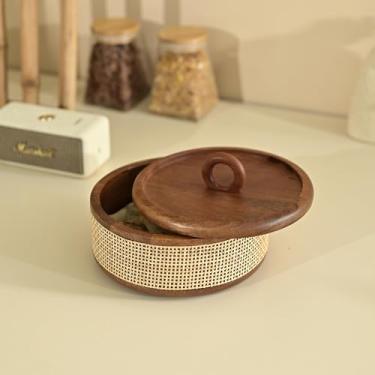Imagem de Brick Brown Tresso Caixa Roti de madeira com trama de bengala | Caixa Chapati para cozinha | Caçarola Roti Hot Pot com tampa | Case Roti Dabba Server para mesa de jantar | Recipiente Roti artesanal