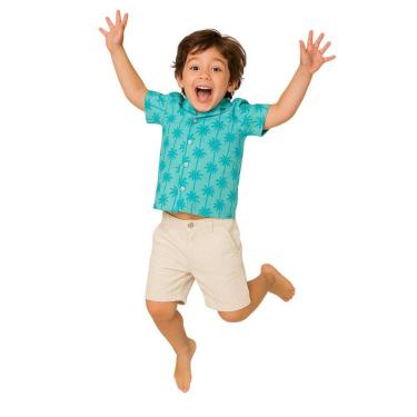 Imagem de Conjunto Infantil Camisa Estampada Azul + Shorts Bege Claro