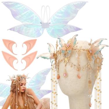 Imagem de Norme 4 Set Renaissance Butterfly Elf Fairy Costume Fairy Headband Butterfly Wings Elf Headpiece Ears Angel Wing Floral Garland Halloween Costume Cosplay for Women Renaissance Wedding Dress up (Pink)