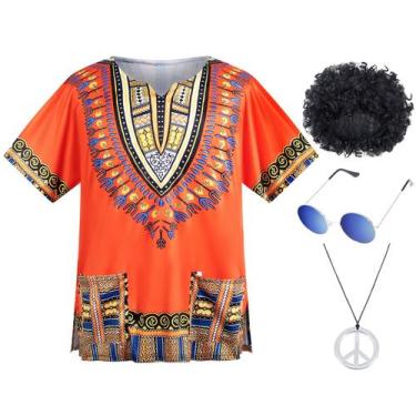 Imagem de Conjunto de fantasias Hippie dos anos 70 para homens, camiseta afro, t