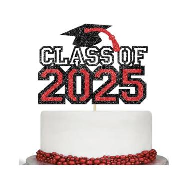 Imagem de 2025 Cake Topper,Glitter Diploma Graduation Cap Cake Topper,Class Of 2025Cake Topper Decorations,2025Graduation Decorations,2025Graduation Theme HighSchool Graduation Party Decorations(Black Red)