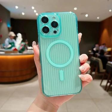 Imagem de HPQWN Capa ultrafina com padrão ondulado e listras magnéticas transparentes para iPhone 13 Pro (para iPhone 13 Pro/ciano claro)
