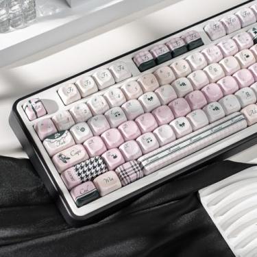 Imagem de COOMICKEY Teclas fofas de perfil MOA, conjunto de teclas PBT de 134 teclas, capas de teclado rosa cisne preto, teclas de sublimação de tinta personalizadas para teclados mecânicos Cherry MX 61/64/68