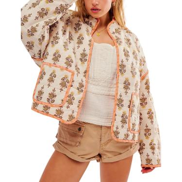 Imagem de Casaco feminino Cropped Puffer Jacet Leve Estampa Floral Manga Longa Acolchoado Casaco Cardigã Puffy, Branco, G