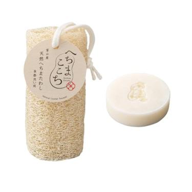 Imagem de Conjunto de esponja e sabão para lavar louça bucha orgânica - Esponja de cozinha durável com óleo de cavalo e sabão de água de bucha (50 g) - Feito no Japão