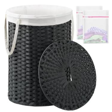 Imagem de SETVSON Cesto de roupa suja com tampa, cesto de roupa suja redondo de vime com tampa e alças 110 L, cesta tecida à mão com sacos removíveis e 2 sacos de malha para banheiro, sala de estar, preto