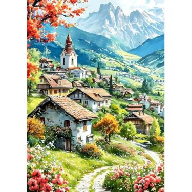 Imagem de Ycydilirab Pintura de paisagem por números para adultos - pintura por cenários de números, kits de tinta acrílica DIY por números em tela, desenho de vila, pinturas coloridas, obras de arte para