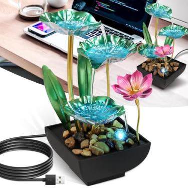Imagem de DJAPWPX - Fonte de mesa estilo lírio de água com pedras, fonte de mesa de carregamento USB, ornamento com luz que economiza espaço, fonte de cachoeira, decoração para quarto, escritório