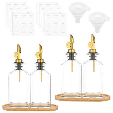 Imagem de Garrafa dispensadora de azeite, design prático, vidro transparente, tamanho adequado 350 ml, conjunto dispensador de azeite de oliva e vinagre com funil, escova de bocal e adesivo para vinho na