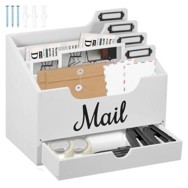 Imagem de Organizador de correio de mesa com 4 compartimentos e gaveta, organizador de documentos de madeira para arquivos, cartas, documentos domésticos (branco, 1)