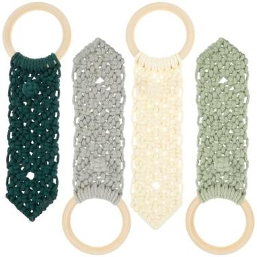 Imagem de 4 peças de suporte de toalha de prato de crochê, anel de toalhas de cozinha pendurado, cabide de pano de prato com laço de madeira, rack de armazenamento de toalhas suspenso feito à mão para cozinha