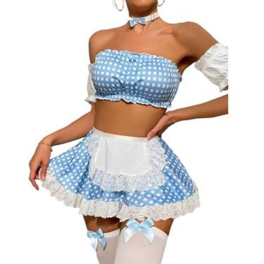 Imagem de Conjunto de mini saia de lingerie sexy de empregada doméstica cosplay traje de renda (embalagem com 5) (azul claro, GG)