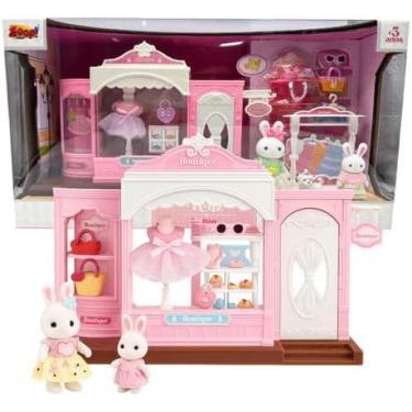 Imagem de Casa de Brinquedo Boutique Infantil, Loja de Roupas em Miniatura, Rosa e Branco, com 2 Bonecos Coelhos e Acessórios