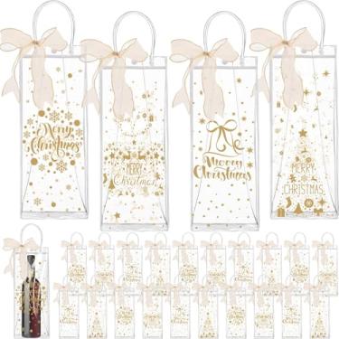 Imagem de Henoyso 24 sacos de presente transparentes de Natal com alças e fita de plástico para doces de Natal, sacolas de embrulho de presente de PVC para lembrancinhas de festa de Natal (ouro, 33 x 12 x 10)