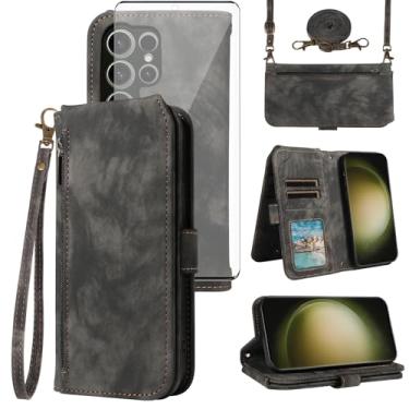 Imagem de Asuwish Capa de celular para Samsung Galaxy S23 Ultra 5G carteira celular com protetor de tela de vidro temperado alça transversal alça flip suporte para cartão S23Ultra 23S S 23 23Ultra 17.3 cm