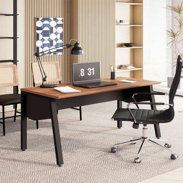 Imagem de Mesa Escrivaninha Escritório 150cm com Tampo Chanfrado e Pés Metálicos F5 Office Nogal /Preto
