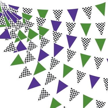 Imagem de Decorações de festa Monster Truck de 8,5 m, roxo, verde e preto, branco, quadriculado, bandeira de triângulo, bandeira, faixa de tecido, guirlanda, para crianças, corrida, aniversário, festa NASCAR