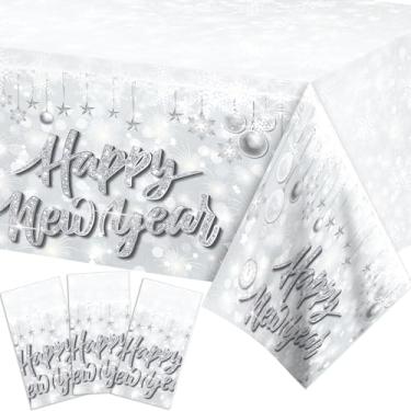 Imagem de Adirasenotek 3 peças de toalha de mesa prata para ano novo, capas de mesa de plástico descartáveis para feliz ano novo, artigos de festa de Natal, decorações de festa de inverno, 203 x 128 cm
