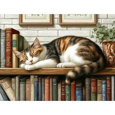 Imagem de VAIIEYO Kits de arte de diamante de gato DIY 5D para adultos, estante de livros de pintura de diamante, kit de pintura de diamante, tela de artesanato de strass redonda para decoração de parede de