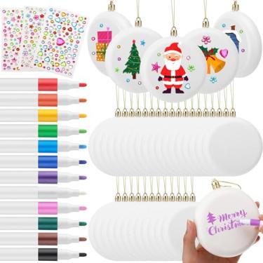 Imagem de Syhood Conjunto de 36 peças de enfeites de bola branca de Natal de 10 cm faça-você-mesmo de plástico fosco, ornamentos de discos planos faça-você-mesmo, decoração de árvore de Natal com marcadores de