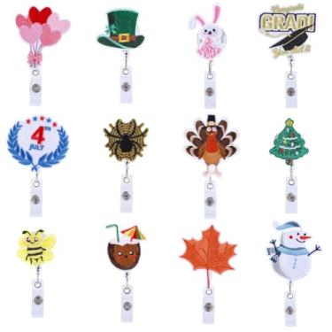 Imagem de WEBEEDY 12 estilos de carretéis de crachá de Natal, árvore de Natal, porta-crachá retrátil, bordado, com clipe jacaré, para professores, enfermeiras, médicos, Natal, Halloween, Dia dos Namorados, Dia