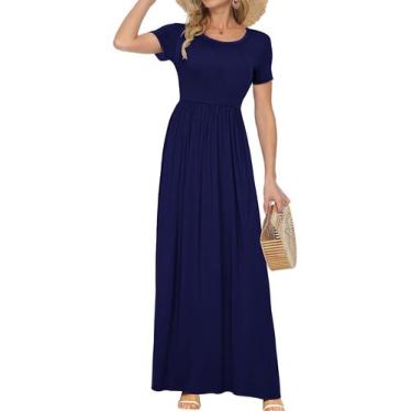 Imagem de Vestido maxi AUSELILY feminino de manga curta, solto, liso, azul marin