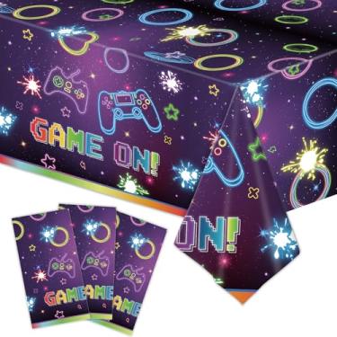 Imagem de Eoopoon Pacote com 3 toalhas de mesa de festa para jogos – suprimentos de aniversário de videogame, festa de jogador infantil, decorações de console e controle, toalhas de mesa neon para jogos