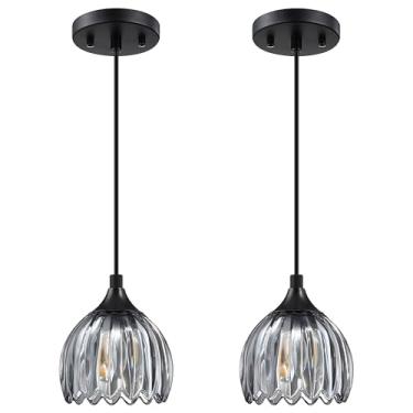 Imagem de 13 cm Vidro tulipa cinza pendurado cozinha industrial ilha fazenda rústica vintage pacote com 2 1 luz pendente luminária de teto com acabamento preto, para sala de jantar, corredor, entrada e quarto