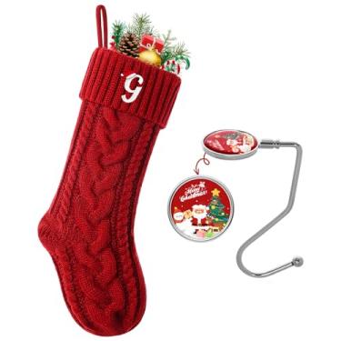 Imagem de Meias grandes de Natal de 45,7 cm com iniciais, monograma bordado, meia de letras de tricô, meia de Natal para crianças, férias e família para decoração de lareira ou festa, vermelho G