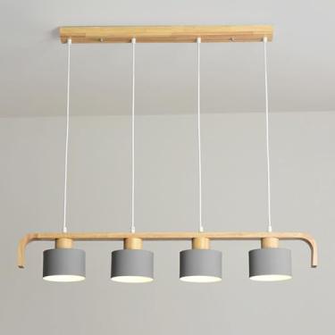 Imagem de Luminária pendente de madeira linear com 4 luzes, luminária de teto para ilha de cozinha, lustre nórdico de madeira E27, luminária pendente para mesa de jantar, café e bar