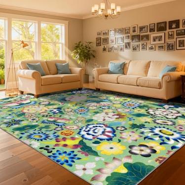 Imagem de Rofee Living Tapetes florais laváveis para sala de estar, tapetes macios e leves de 20 x 25 cm, antiderrapante, resistente a manchas para quarto, sala de jantar, escritório (2,4 x 3 m, verde