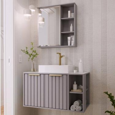 Imagem de Gabinete Suspenso Banheiro Noruega 80cm com Cuba e Espelheira Treviso Platina