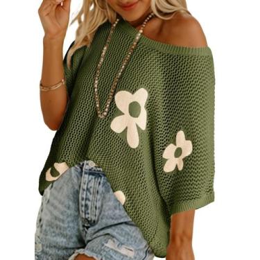 Imagem de Suéter feminino Dokotoo Floral Crochet Hollow Out Green