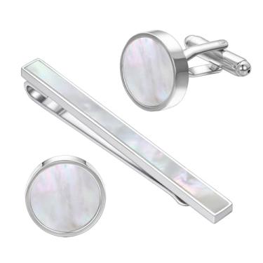 Imagem de RunootPR Conjunto de abotoaduras com clipe de gravata concha para homens negócios prata barra de gravata punhos festa de casamento terno joias presente