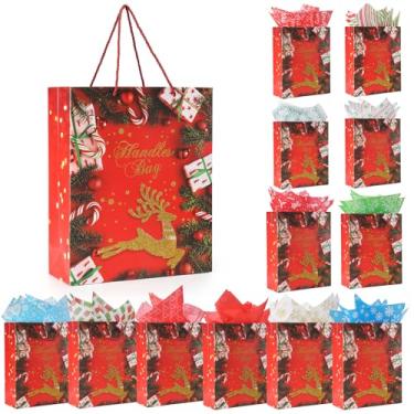 Imagem de Rusikia 12 sacos de presente de Natal com 12 lenços e 1 fita de cetim, sacos vermelhos de lembrancinha de festa a granel com alças, bolas de árvore fofas brilhantes saco de papel de cervo alegre para