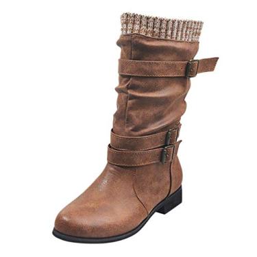 Imagem de Bigfanshu 2020 Botas femininas de couro de cano médio para inverno com fivela larga na panturrilha, casual, bota curta, moda feminina, sapatos de salto baixo, estilo roma, quente, Marrom, 39 BR