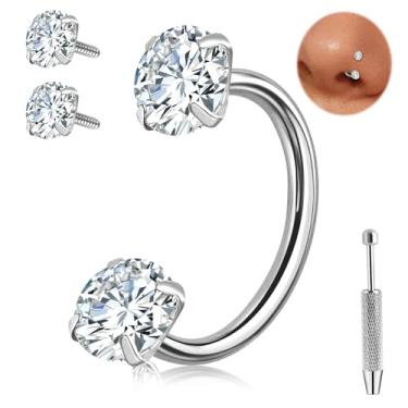 Imagem de ONEISNG Anel de nariz em ferradura G23 de titânio roscado internamente para mulheres e homens argola de zircônia cúbica dupla meia argola de nariz sapato de cavalo Daith Tragus brinco lábio septo