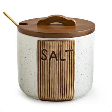 Imagem de YHOJOY Recipiente de sal para bancada, adega de sal de cerâmica com tampa e colheres, suporte de tigela de sal de 293 ml, branco