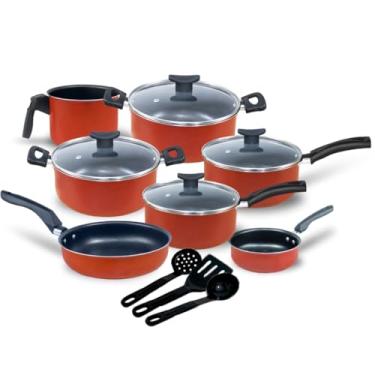 Imagem de Conjunto de 10 peças de panelas antiaderentes com tampas de vidro, com revestimento de pedra durável para uma cozinha saudável e limpeza fácil (Vermelho)