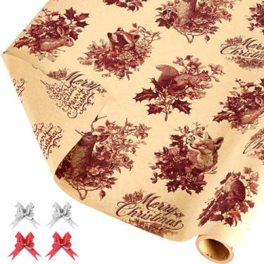 Imagem de EWES Conjunto de rolos de papel de embrulho de Natal vintage, papel de embrulho grosso marrom kraft, padrão com renas, raposas, corujas, coelhos, guaxinins, reversível, total de 28,5 m²