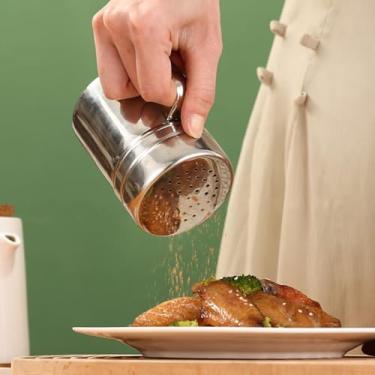 Imagem de Coqueteleira de temperos de aço inoxidável com tampa selada e furos – Dispensador de pó para açúcar, sal e assar, recipiente de especiarias com alça, pequeno