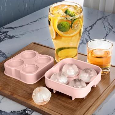 Imagem de Bandeja de silicone para cubos de gelo com tampa, 4 moldes grandes redondos para fazer bolas de gelo, fundo macio de liberação fácil, perfeito para uísque, coquetel e bebidas
