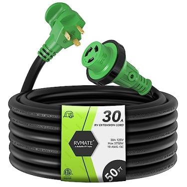 Imagem de RVMATE Cabo de extensão de energia bloqueável RV 30 Amp 50 pés, cabo de conexão fácil, TT-30P a L5-30R com indicador LED, 10 AWG, ETL listado