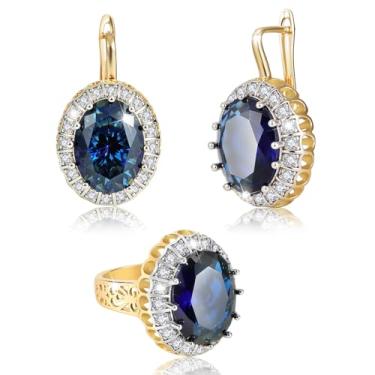 Imagem de Richapex Conjunto de joias para mulheres, conjunto de anéis de argola de ouro 18k, conjunto de anéis de safira, presente de joias de festa de formatura para mãe, amiga e esposa, Multiple sizes, Latão