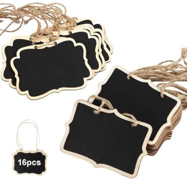 Imagem de 16 etiquetas de quadro negro de madeira com cordão preto reutilizável pequena placa de giz pendurada, mini etiquetas apagáveis para lousa para etiquetas de alimentos, festas de casamento, etiquetas de