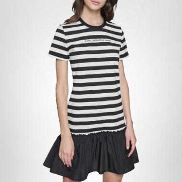 Imagem de Karl Lagerfeld Paris Camiseta feminina casual de manga curta, Preto/branco macio, M