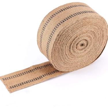 Imagem de ZOENHOU Fita de tecido de juta artesanal, rolo de 9,5 cm x 55 m de serapilheira natural espessa com costura vermelha para estofamento, artesanato, cadeiras